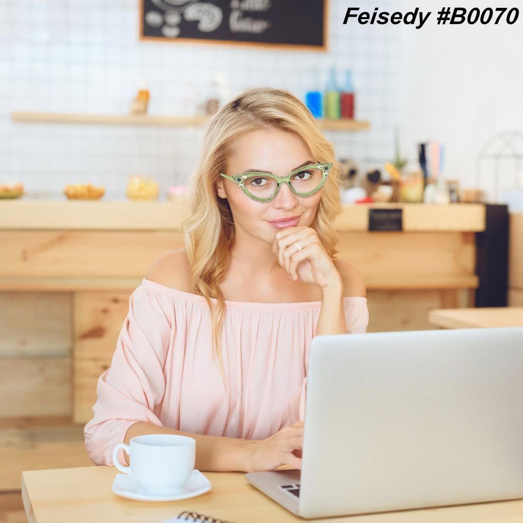 商品图片 25 | B0CQ55685Z | FEISEDY Diamond Blue Light Blocking Glasses Cat Eye Rhinestone Women Glasses Frame Anti Eyestrain Computer Eyewear B0070