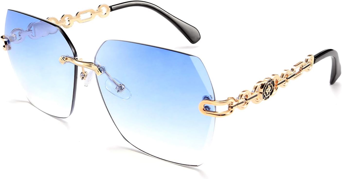 003 Blue | B083W5N92L | FEISEDY Classic Rimless Sunglasses Women Metal Frame Diamond Cutting Lens Sun Glasses B2567