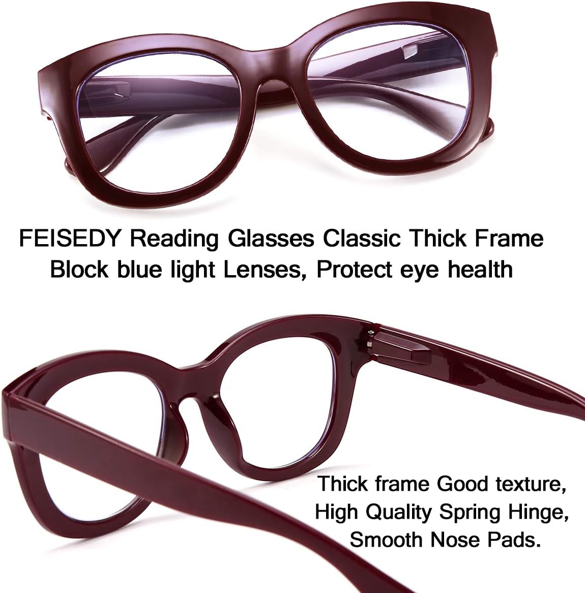 商品图片 4 | B082SVW71F | FEISEDY Retro Reading Glasses Thick Square Big Frame Blue Light Blocking Lens Anti Glare Digital Eyestrain B2534