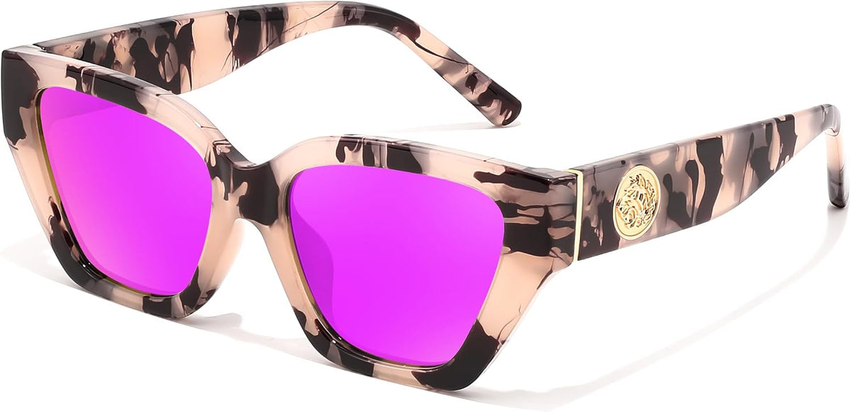 Pink Patterned Frame & Pink Purple Mirror Lens / 52 Millimeters | B0F8N9BST8 | FEISEDY Women's Polarized Cat Eye Sunglasses - UV400 Protection, Trendy Design for Driving & Daily Wear B0299