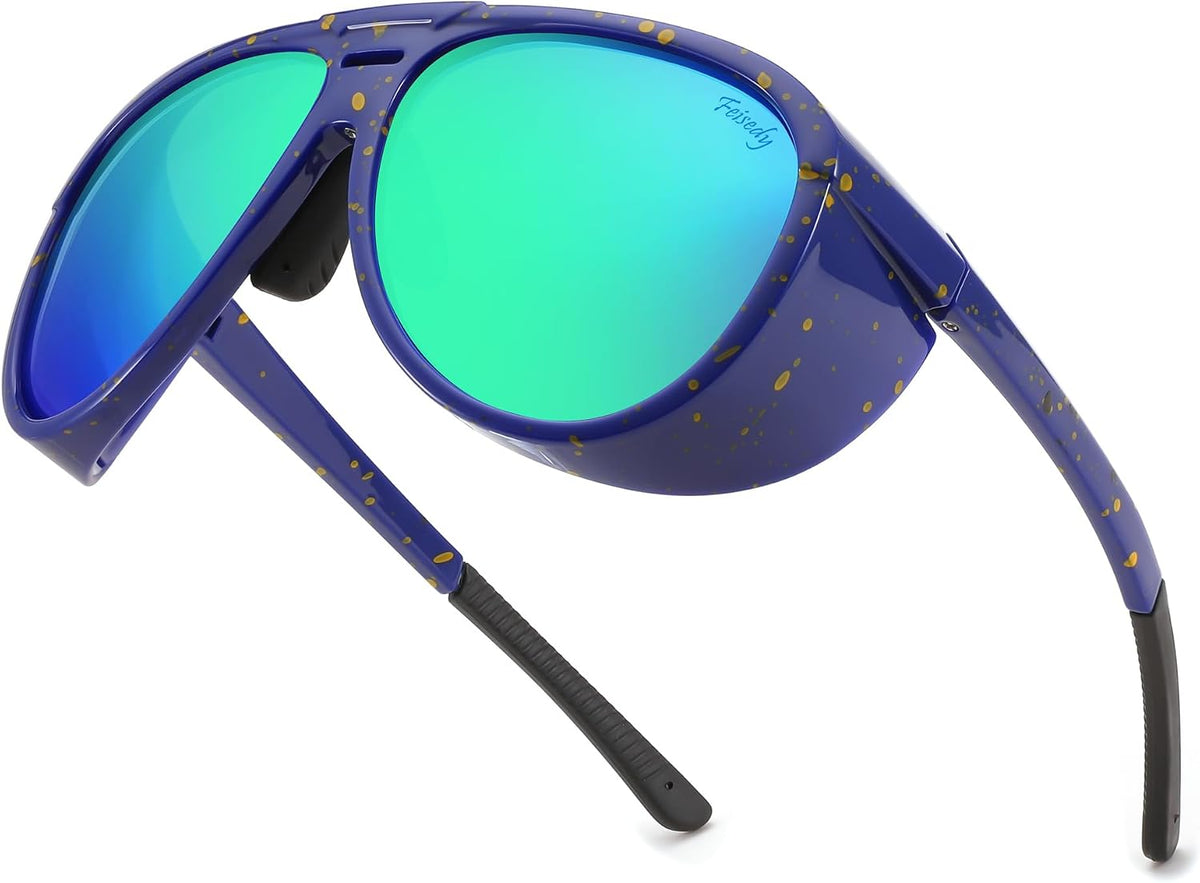 Blue Frame & Green Mirror Lens / 60 Millimeters | B0CT5JTZCY | FEISEDY Polarized Aviator Sunglasses Men Women Oversized Round Steampunk Sunglasses Side Shield Goggles B0095