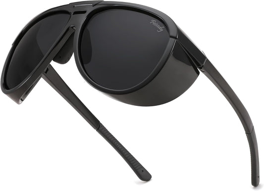 Black Frame & Grey Lens / 60 Millimeters | B0CT5M1L9R | FEISEDY Polarized Aviator Sunglasses Men Women Oversized Round Steampunk Sunglasses Side Shield Goggles B0095