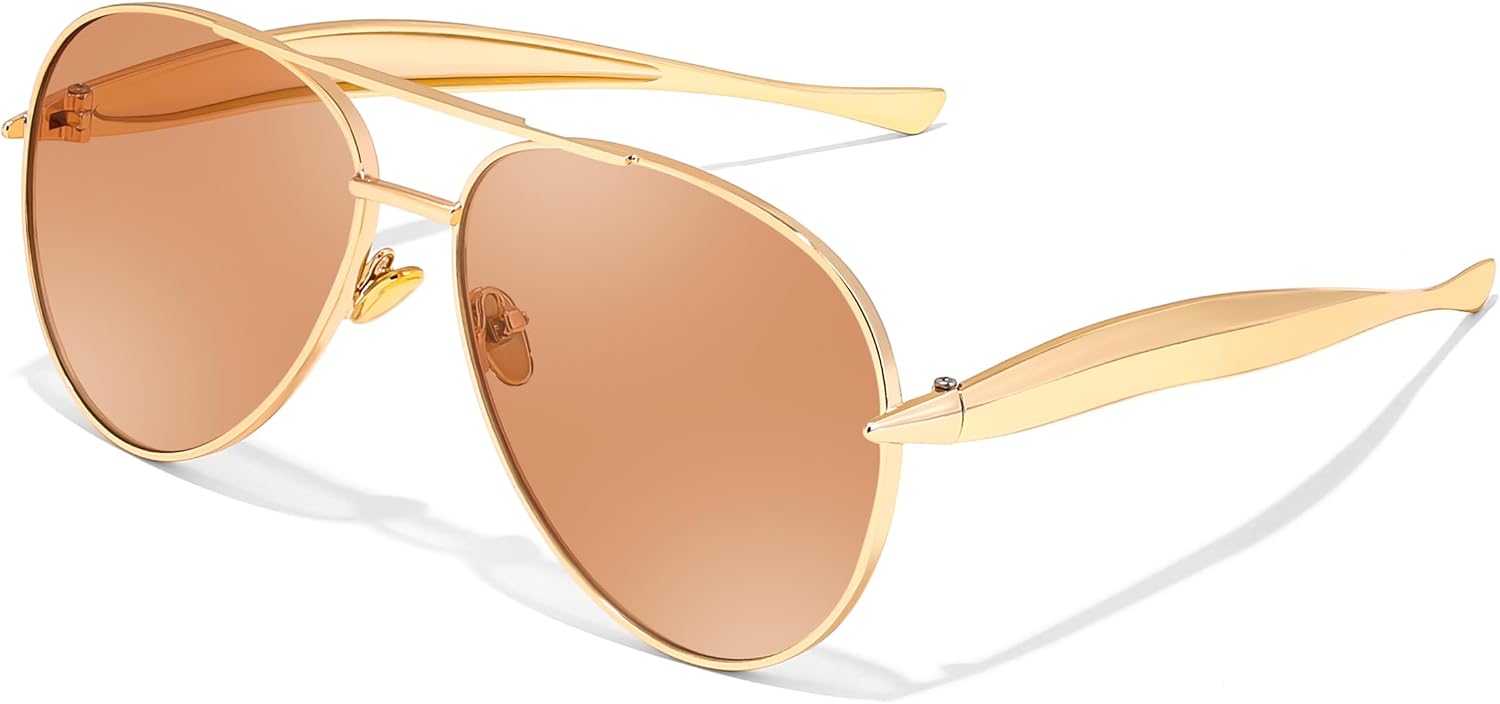 Gold/Tea / 60 Millimeters | B0FKML9MRL | FEISEDY Oversized Aviator Sunglasses Women Men - Retro Gold Metal Chunky Frame, UV400 for Driving & Daily Wear B0311