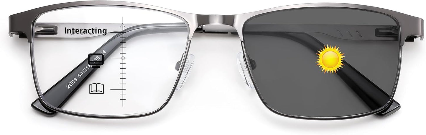 Photochromic-multifocal/Gun Grey / 3.0 x | B0G1C47NFK | FEISEDY Classic Blue Light Reading Glasses Men,Metal Frame Readers with Spring Hinge, Anti Glare Eyeglasses for Reading B0337