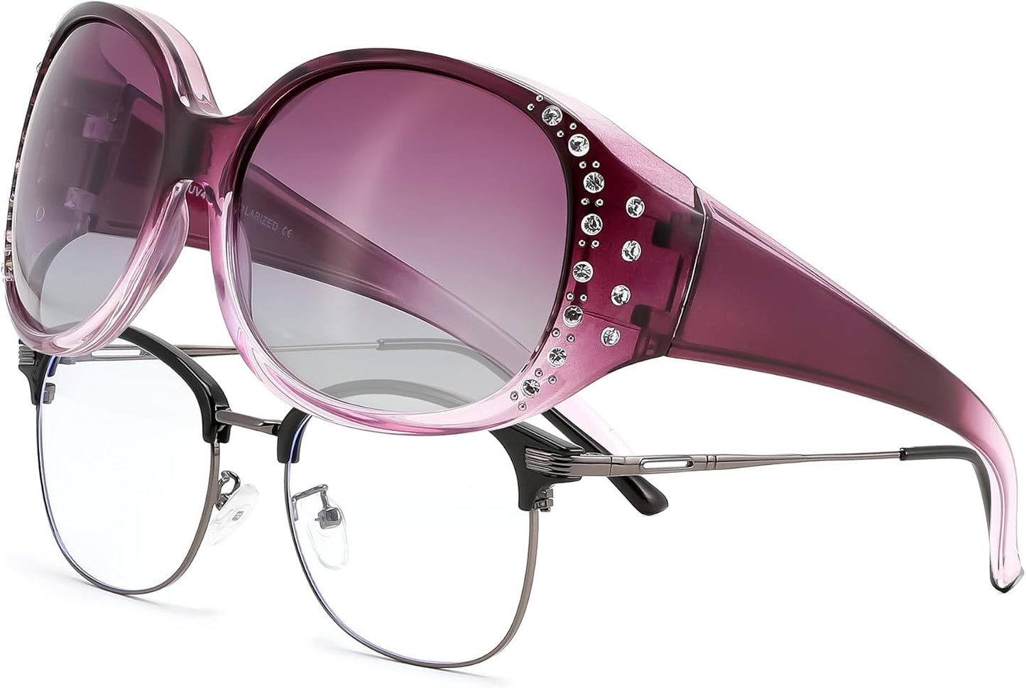 Gradual Purple/Gradual Purple / 61 Millimeters | B0GRVF6QKX | FEISEDY Women's Polarized Wrap-Around Fit Over Sunglasses with Rhinestones, Anti-Glare Driving Sun Glasses B0362