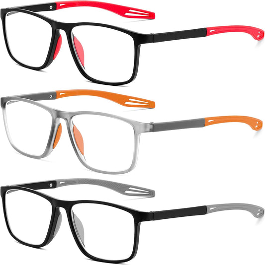 Gray, Orange, Red / 2.5 x | B0FX228MT8 | FEISEDY 3 Packs Blue Light Reading Glasses for Men, Sports Style TR90 Readers, Classic Lightweight Eyeglasses B0336