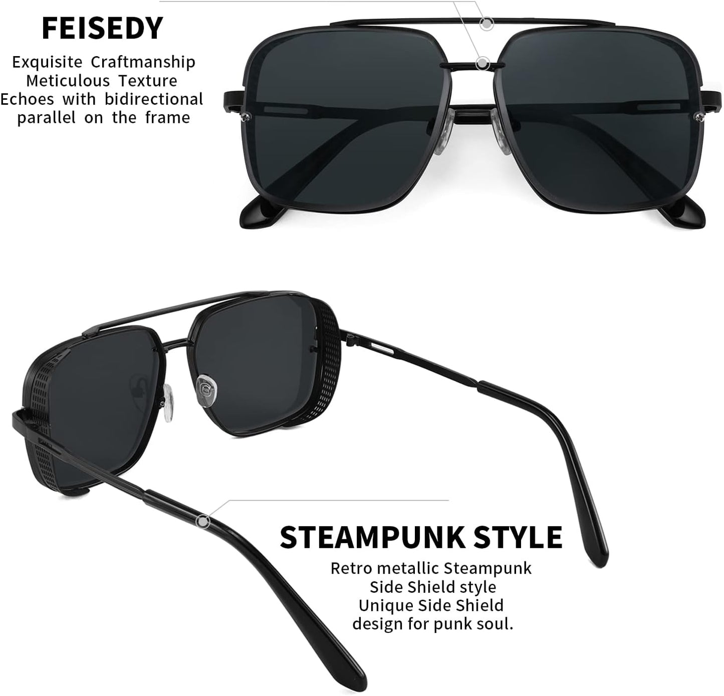 商品图片 58 | B09SDC5BD5 | FEISEDY Sunglasses Mens Women Vintage Pilot Square Trendy Metal Steampunk Fishing Driving Sun Glasses B2894