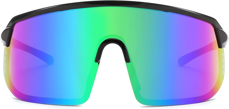 Black Frame Green Mirrored Lens / Large | B0DGTT4G5D | FEISEDY Sports Sunglasses for Men and Women, Large Rectangular Lens, Baseball Cycling Running Sunglasses B0243