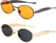 2pack(gun/Orange+gold/Grey) / 55 Millimeters | B0FH4MBTX7 | FEISEDY Retro Oval Sunglasses Women Men - Gold Metal Chunky Frame, UV400 for Driving & Daily Wear B0312