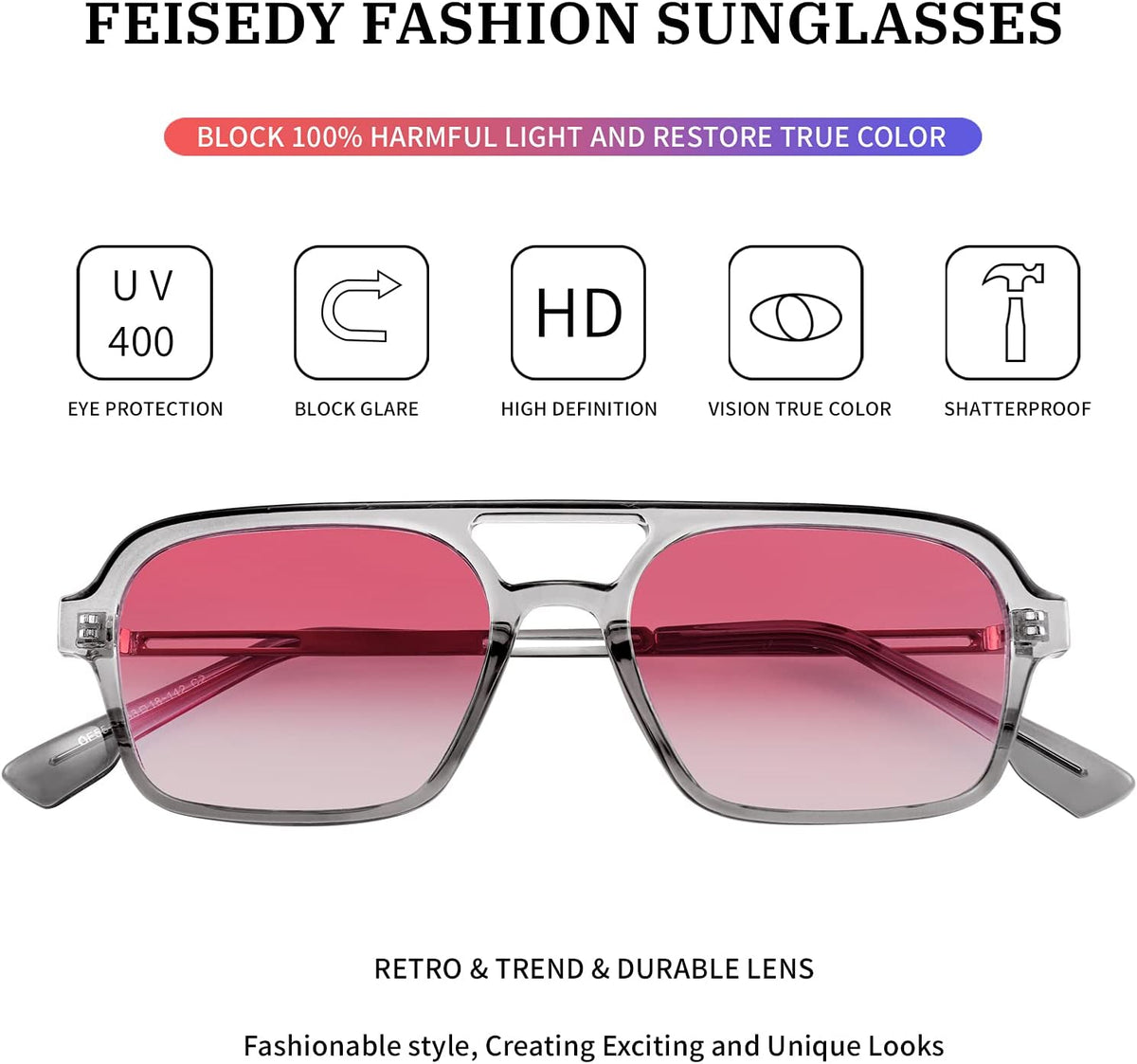ÉÌƷͼƬ 34 | B0925V3NP4 | FEISEDY Vintage Square 70s Flat Aviator Sunglasses Women Men Metal Design Shades B2752