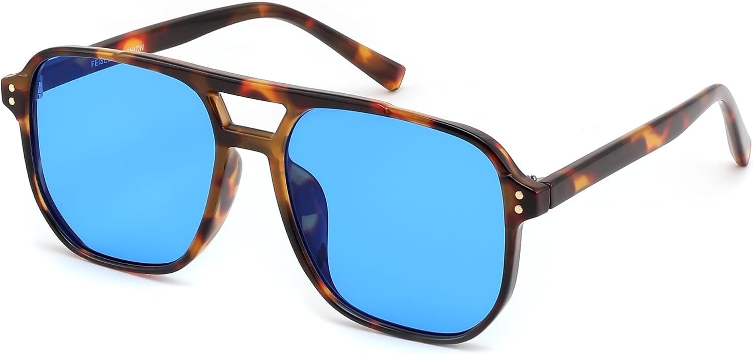 023 Leopard Frame/Blue Lens / 57 Millimeters | B0F7L8811V | FEISEDY Retro Square Aviator Sunglasses Women Men 70s Vintage Trendy Plastic Frame Sun Glasses B2835