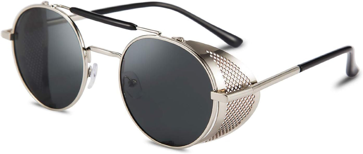 06 Silver Grey / 49 Millimeters | B07Z39TH24 | FEISEDY Steam Punk Sunglasses for Men Women Side Shield Round Steampunk Vintage Glasses Shades B2518