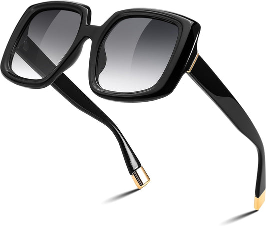 Black Frame - Grey Lens / 57 Millimeters | B0D6W54QFT | FEISEDY Square Oversized Sunglasses for Women Big Large Wide Shades Vintage Retro Thick Frame UV400 Protection B0196
