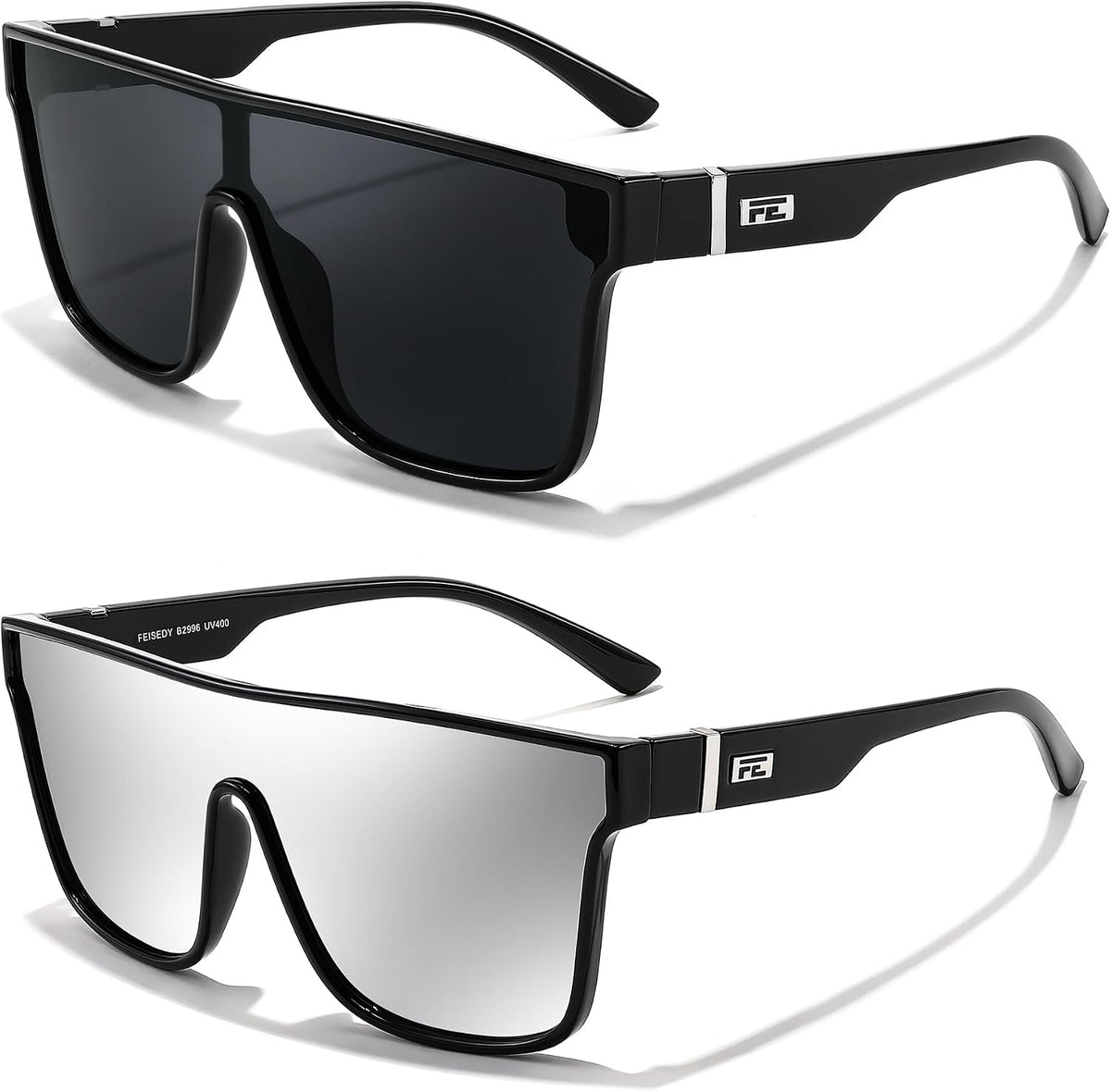 Z2pack(black Frame & Grey Lens+black Frame & Silver Lens) / 62 Millimeters | B0F8BJFZBG | FEISEDY Sunglasses for Women Men, Fashion Mirrored Single Lens Shades