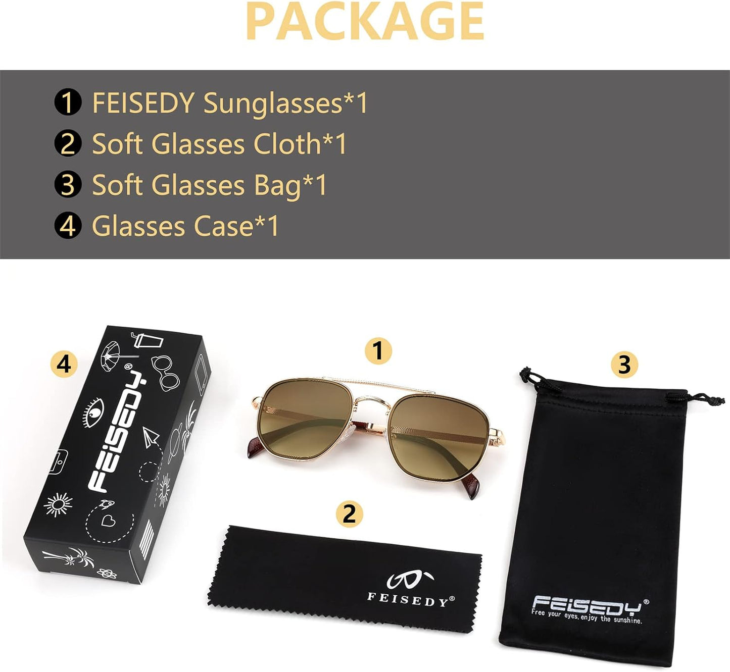 商品图片 15 | B0B38ZHMJL | FEISEDY Sunglasses Aviator Men Women 70s Sun Glasses Square Frame UV400 Protection B2953