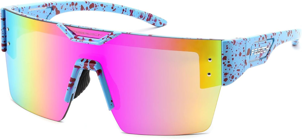 Sprayed Rose Dot Blue Frame Purple Pink Mirror Lenses / 65 Millimeters | B0D4YB6VD9 | FEISEDY Sunglasses Men Women, Big Oversized Square Frame,UV400 Mirrored Sun Glasses, Cycling Driving Fishing Hiking B0064