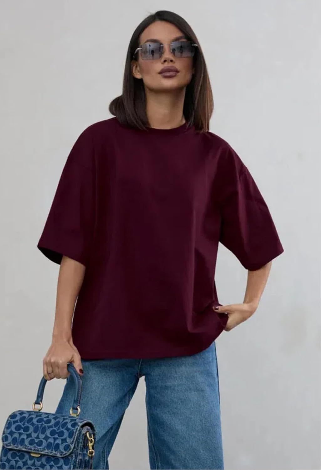 商品图片 2 | B0GZ395Q5Z | Women's Basic Oversized T-Shirt, Loose Fit Crewneck Short Sleeve Tee, Casual Solid Color Drop Shoulder Top