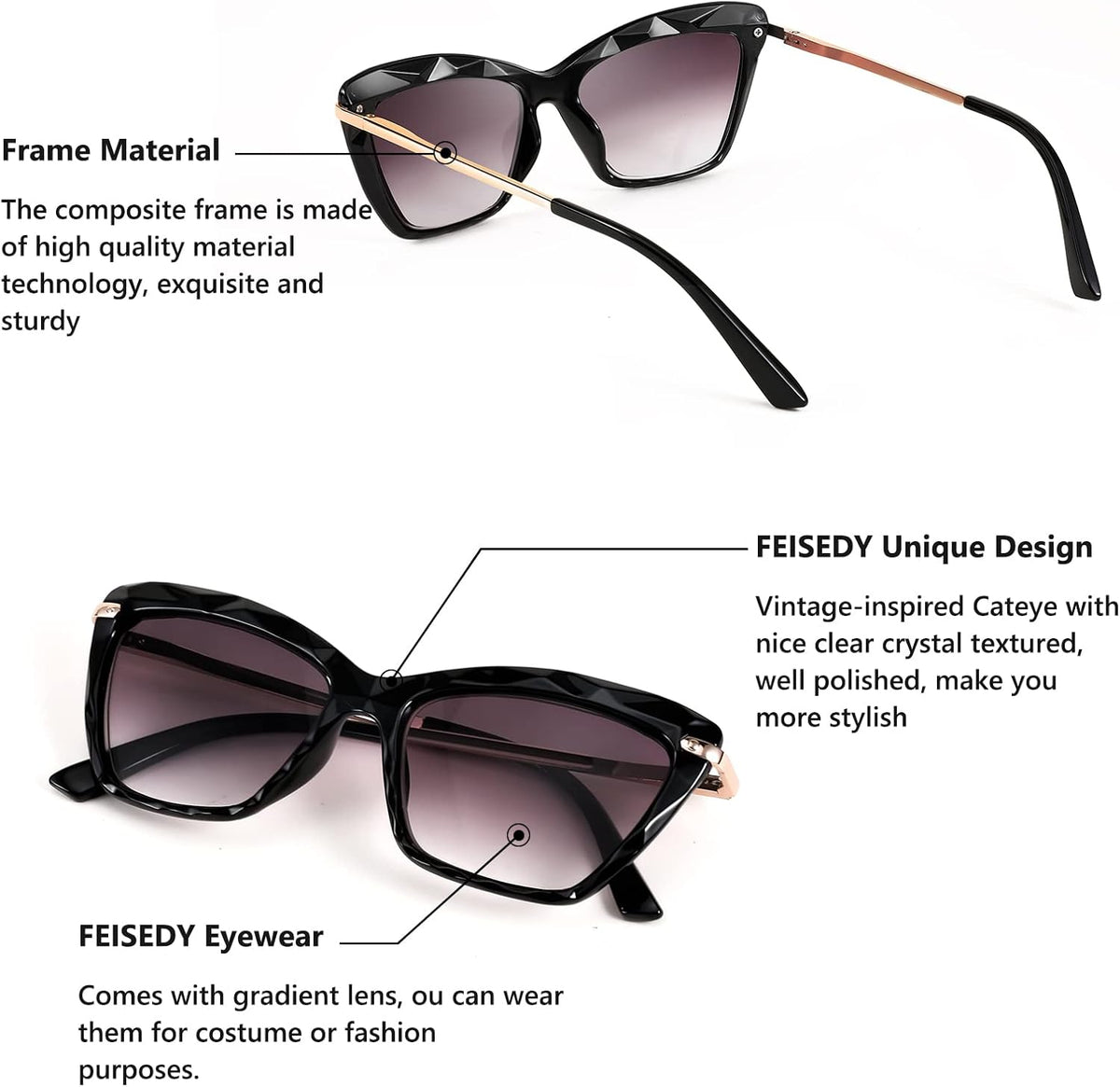 商品图片 4 | B09XDZ71JH | FEISEDY Vintage Cat Eye Reading Sunglasses Full Lens Women Sun Reader Glasses Spring Hinges B2896