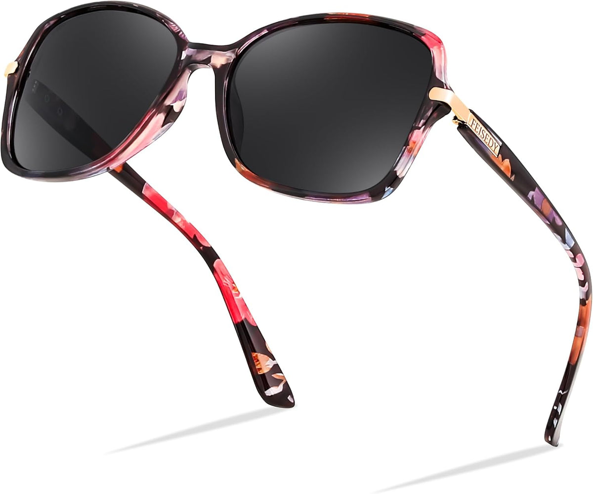 Floral Frame & Grey Lens / 56 Millimeters | B0FRR96W76 | FEISEDY Womens Polarized Sunglasses UV400 Anti Glare Fashion Shades
