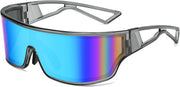Transparent Grey Frame Blue Mirrored Lens / 75 Millimeters | B0D3PP8F3M | FEISEDY Trendy Futuristic Wrap Sunglasses Flat Top Mirrored One Piece Lens Reflective Sun Glasses for Women Men B0161