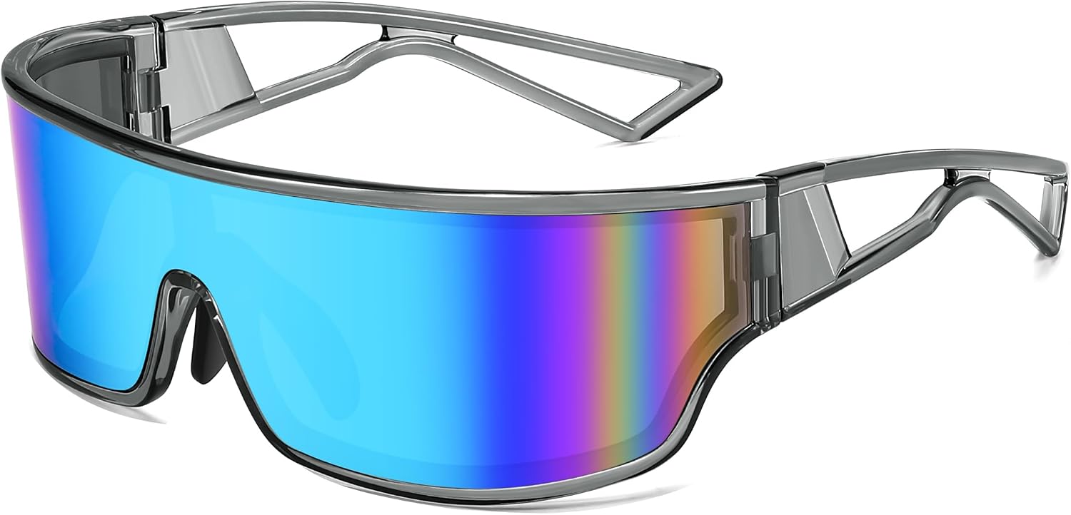 Transparent Grey Frame Blue Mirrored Lens / 75 Millimeters | B0D3PP8F3M | FEISEDY Trendy Futuristic Wrap Sunglasses Flat Top Mirrored One Piece Lens Reflective Sun Glasses for Women Men B0161