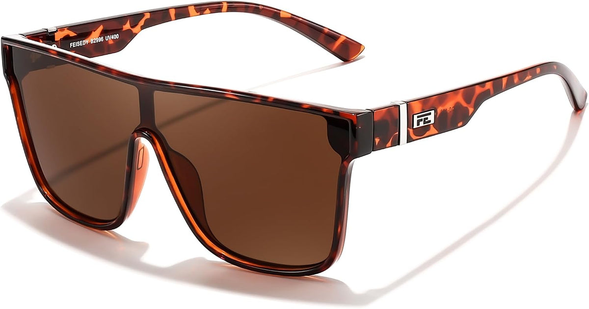 Leopard Frame & Tea Lens / 62 Millimeters | B0DHFY9PB3 | FEISEDY Sunglasses for Women Men, Fashion Mirrored Single Lens Shades