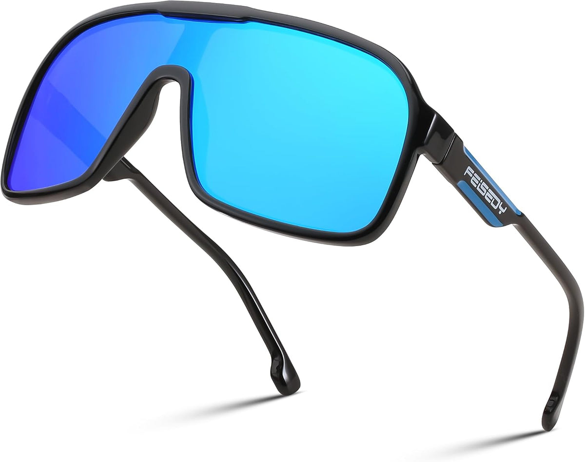 Black/Blue Mirror / 61 Millimeters | B0D93DMX29 | FEISEDY Fashion Polarized Sunglasses Oversized One Piece Reflective Lens Sports Sun Glasses B0122