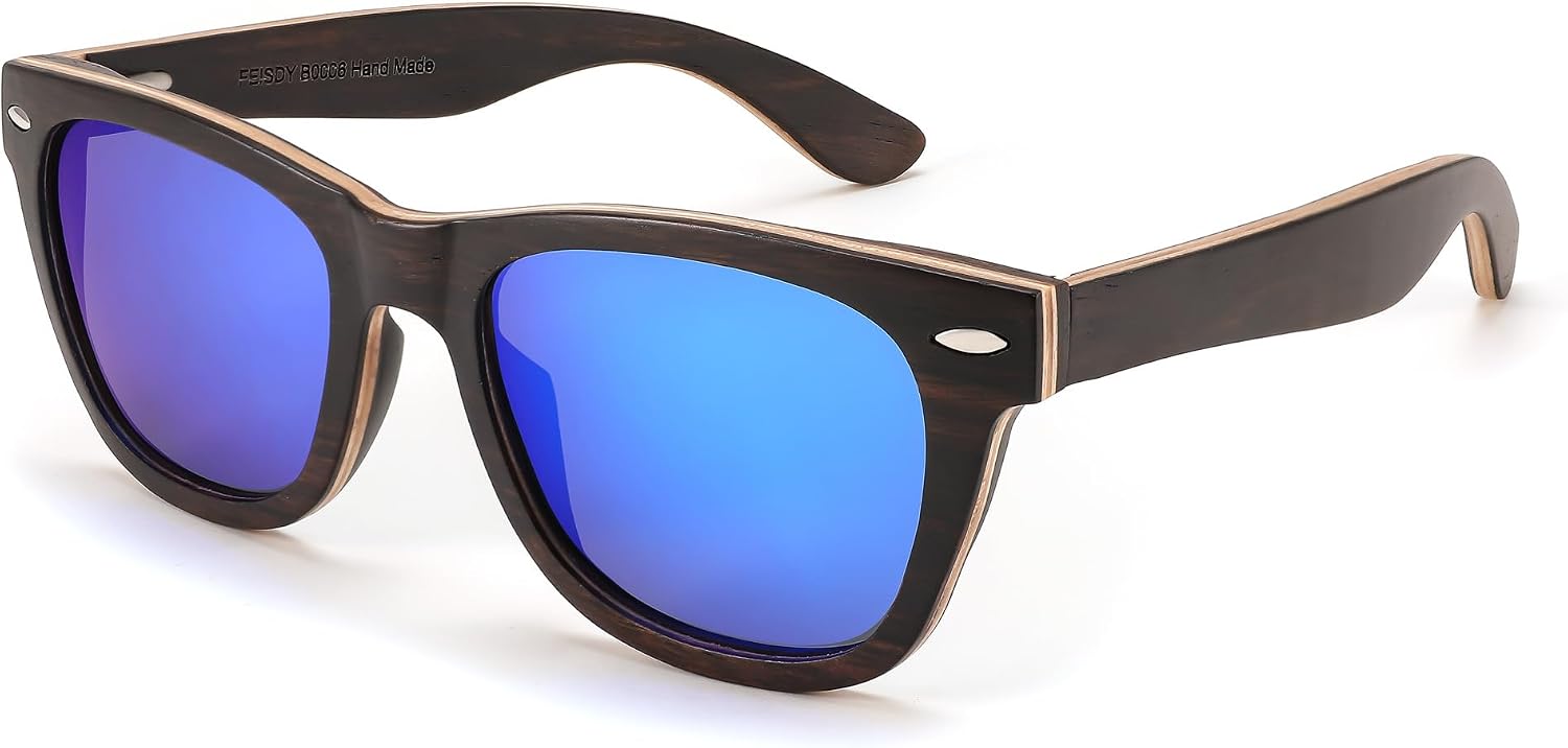 003 - Ebony - Blue Mecury / 52 Millimeters | B0C9X27861 | FEISEDY Woodes Sunglasses Polarized for Women Men, Bamboo Wood Handmade Frame, Classic Square UV400 Protection B0006