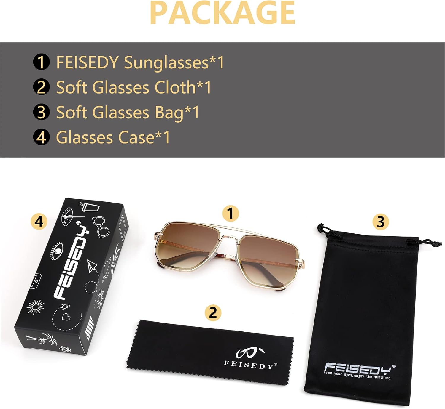 商品图片 7 | B0B38ZHMJL | FEISEDY Sunglasses Aviator Men Women 70s Sun Glasses Square Frame UV400 Protection B2953