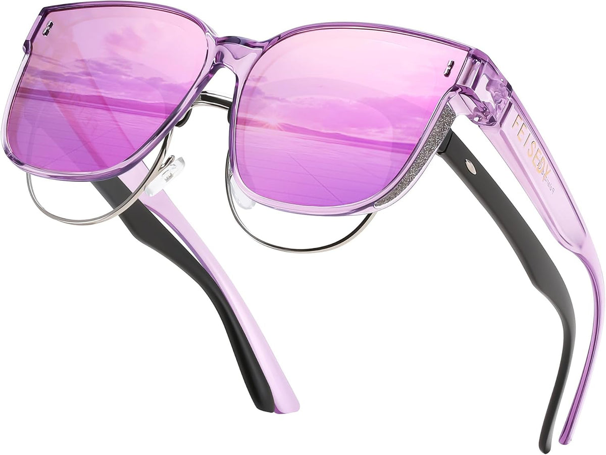 Transparent Purple Frame & Purple Mirror Lens / 64 Millimeters | B0DPFLPDB3 | FEISEDY Sunglasses That Fit Over Glasses for Women Men UV400 B0269