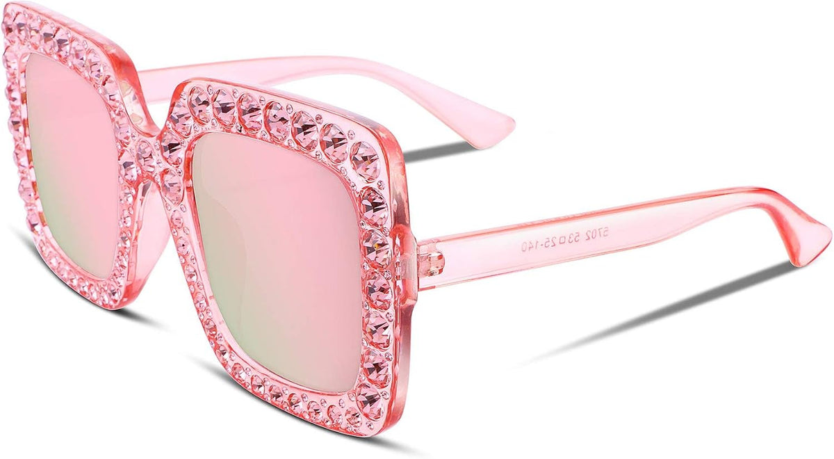 6 Mirrored Pink / 51 Millimeters | B077GLYFMC | FEISEDY Women Sparkling Crystal Sunglasses Oversized Square Thick Frame B2283