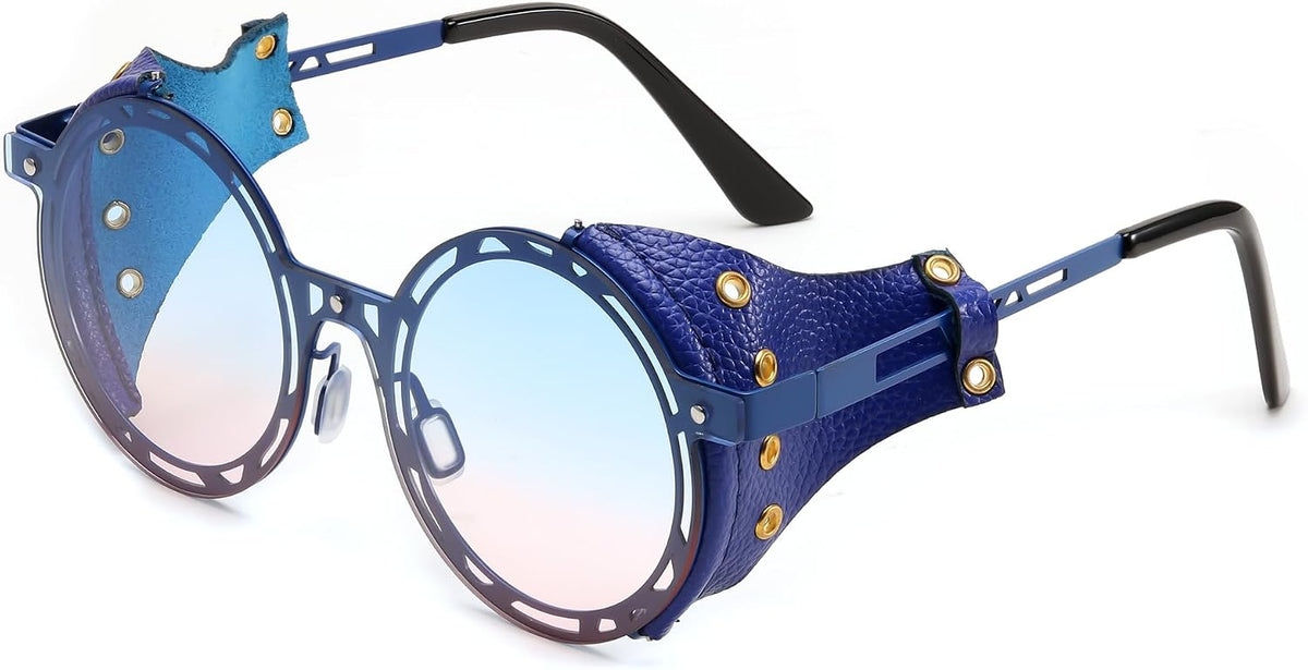 Blue / 52 Millimeters | B0CZDW4JN4 | FEISEDY Retro Round Steampunk Sunglasses Women Men Vintage Eyewear Metal Frame Leatherwear B0140