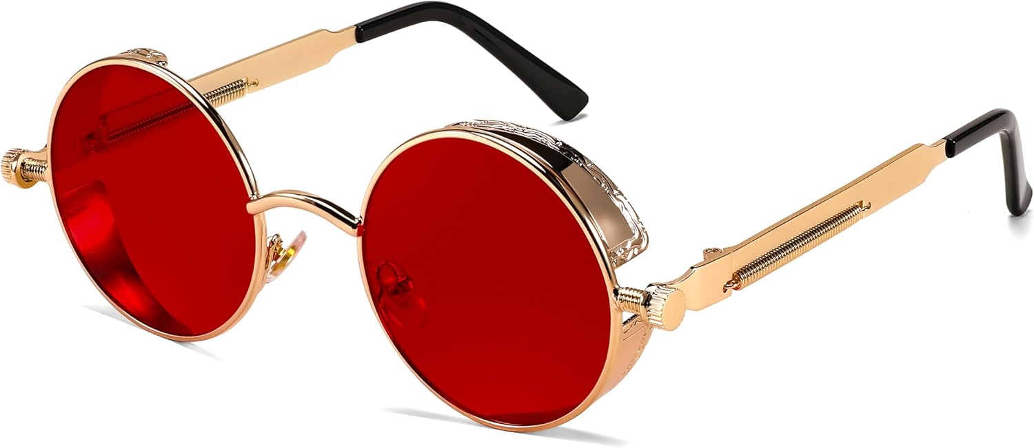 Gold/Red / 1.9 Inches | B0CP8THY8W | FEISEDY Retro Gothic Steampunk Sunglasses For Men Women