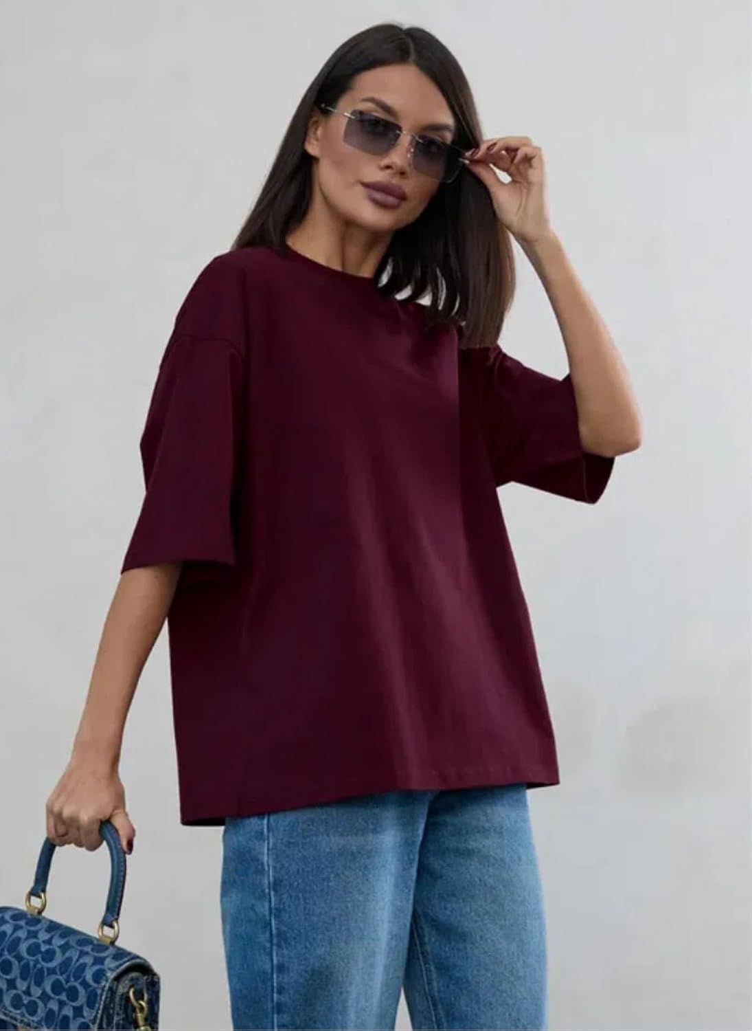 商品图片 5 | B0GZ395Q5Z | Women's Basic Oversized T-Shirt, Loose Fit Crewneck Short Sleeve Tee, Casual Solid Color Drop Shoulder Top