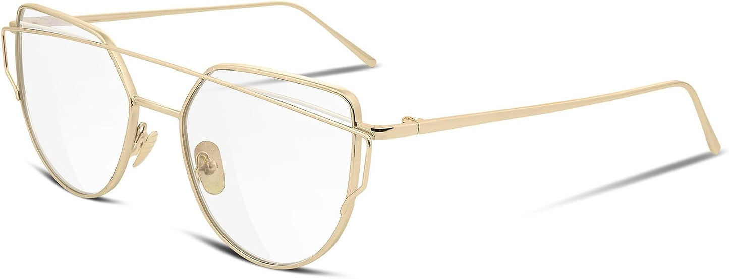 11 Gold Frame Transparent Lens / 56 Millimeters | B01M9DM31V | FEISEDY Cat Eye Fashion Metal Frame Mirrored Flat Lenses Women Sunglasses B2206