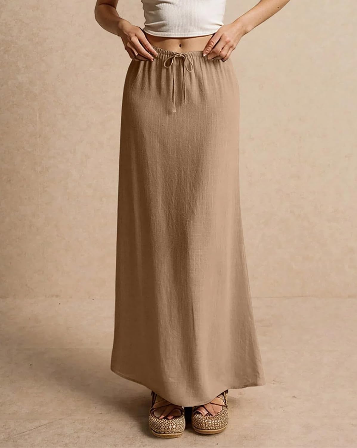 商品图片 3 | B0H451HQYK | Women's Solid Color High-Waisted Loose Drawstring Midi Skirt - Fitted Linen Maxi Skirts for Women Dressy Casual, Khaki