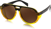 Black Yelllow Fame/Brown Lens / Gradient Brown | B0CT8PQTTV | FEISEDY Steampunk with Side Shields Aviator Sunglasses for Men Women 80s Retro Flat Top Oversized Polarized Shades B0096