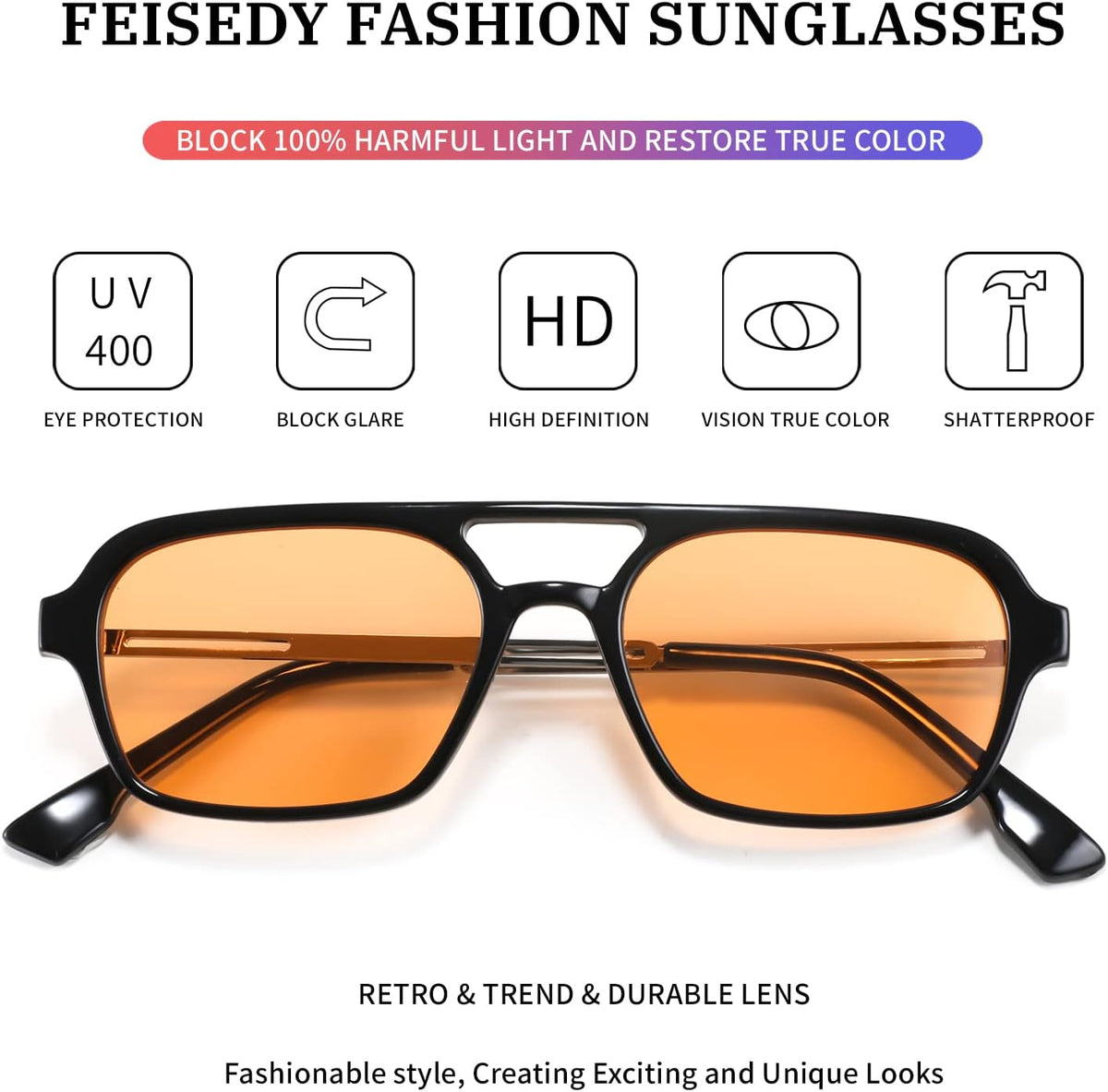 ÉÌƷͼƬ 79 | B0925V3NP4 | FEISEDY Vintage Square 70s Flat Aviator Sunglasses Women Men Metal Design Shades B2752