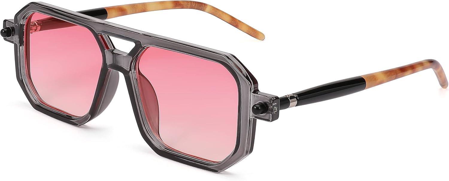 004 Gray Frame & Pink Lens / 52 Millimeters | B09YTKGQNK | FEISEDY Vintage Square 70s Flat Aviator Sunglasses Women Men Classic Retro Stylish Frame UV400 Sunglasses B2622