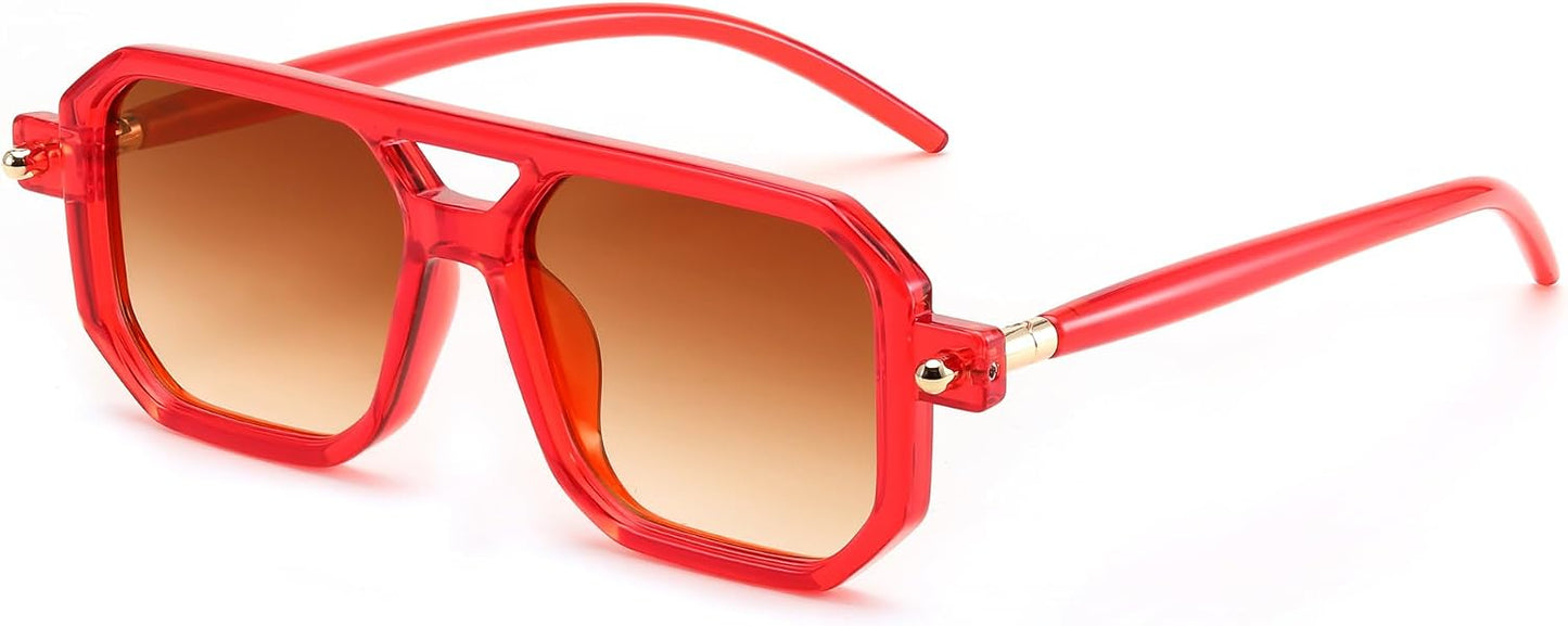 023 Transparent Red Frame & Gradient Tea Lens / 52 Millimeters | B0DF2J4TMR | FEISEDY Vintage Square 70s Flat Aviator Sunglasses Women Men Classic Retro Stylish Frame UV400 Sunglasses B2622