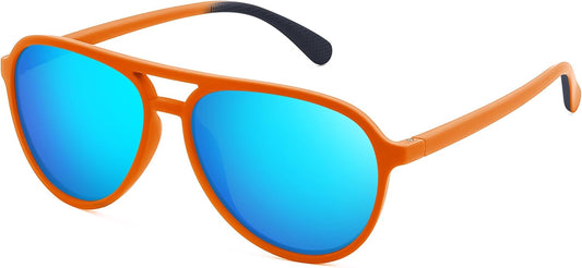 FEISEDY Polarized Aviator Sunglasses for Men Women Trendy Sports B0324 | 100% UV400 protection, HD TAC lenses, Lightweight & durable, Driving, Hiking, Fishing, 50% recycled materials | RED Series - A Orange/Blue