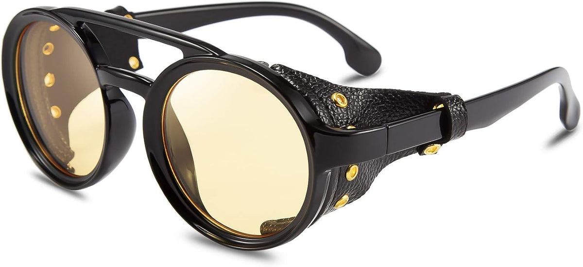 Yellow / 48 Millimeters | B07ZNZCK2X | FEISEDY Retro Round Steampunk Sunglasses Women Men Leatherwear B2532