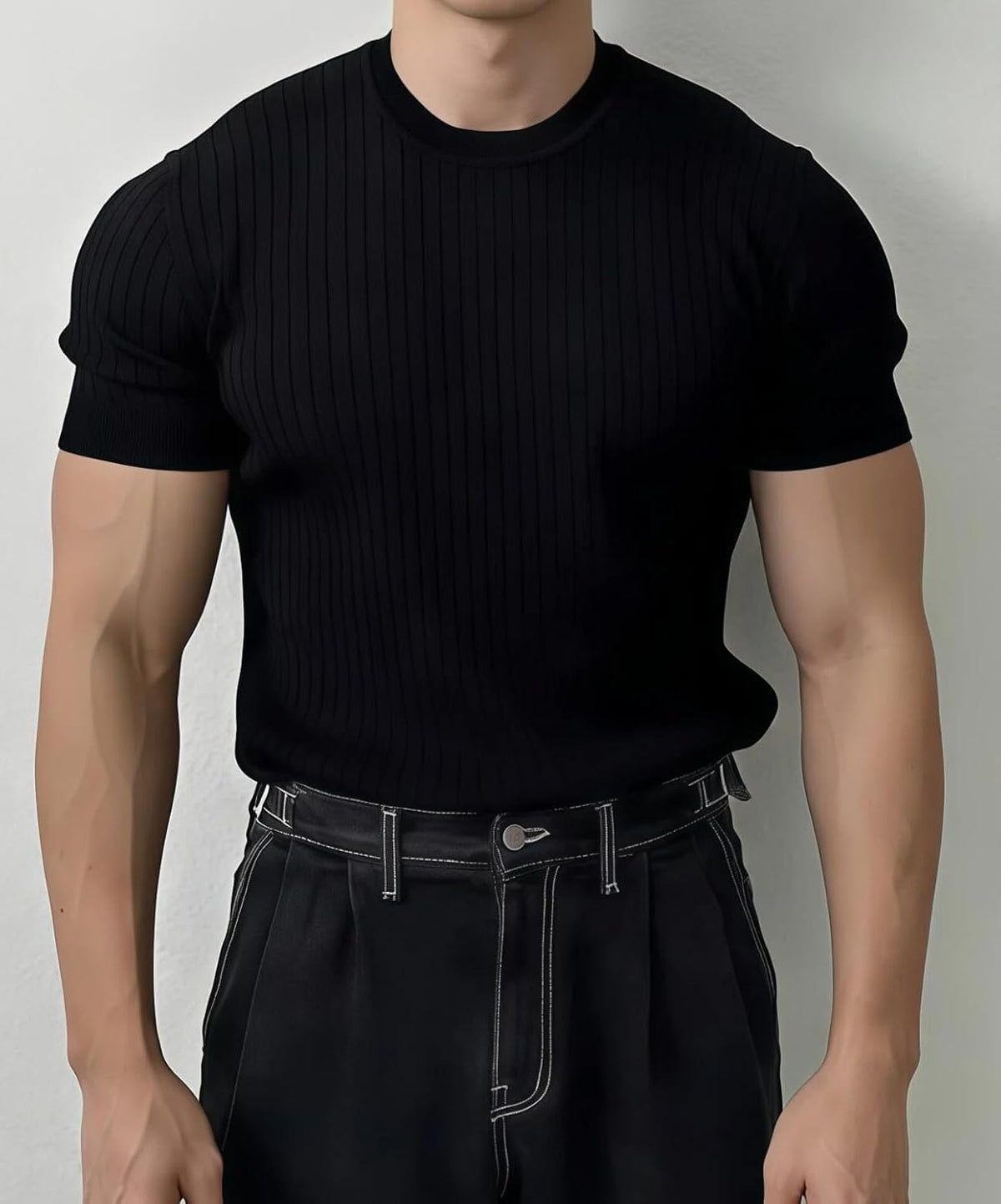 X-Large / Black | B0GMGX2ZV1 | Men's T-Shirts Short Sleeve Knit Shirt - Casual Crewneck Ribbed Tee Shirt Soft Breathable Fabric, Slim Fit for Daily Wear