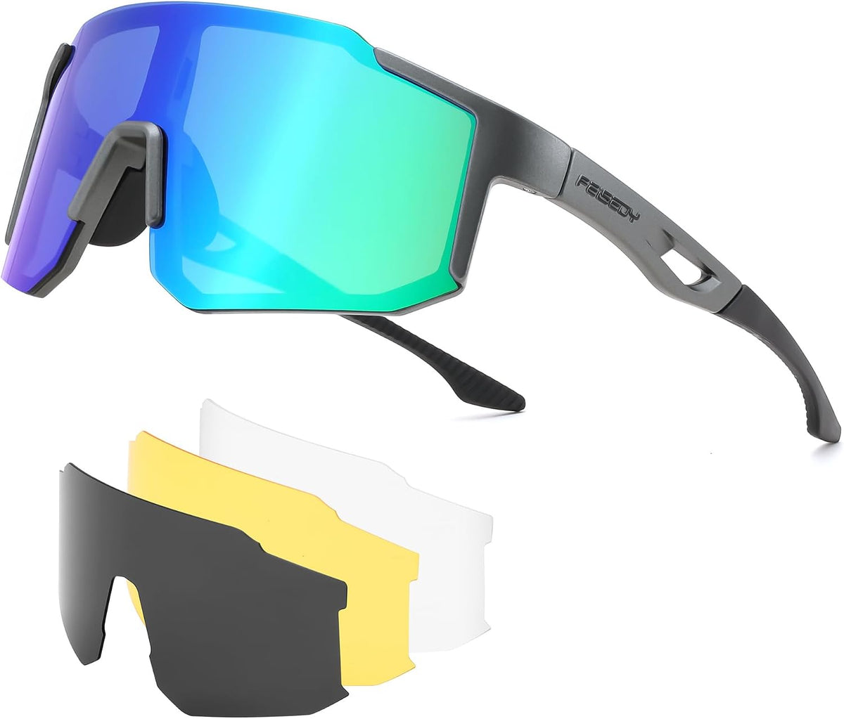 Gray/Green / 75mm | B0F62PWXLP | FEISEDY Polarized Sports Sunglasses for Men Women Youth - Baseball, Running, Cycling UV400 Protection 4 Lenses B0279