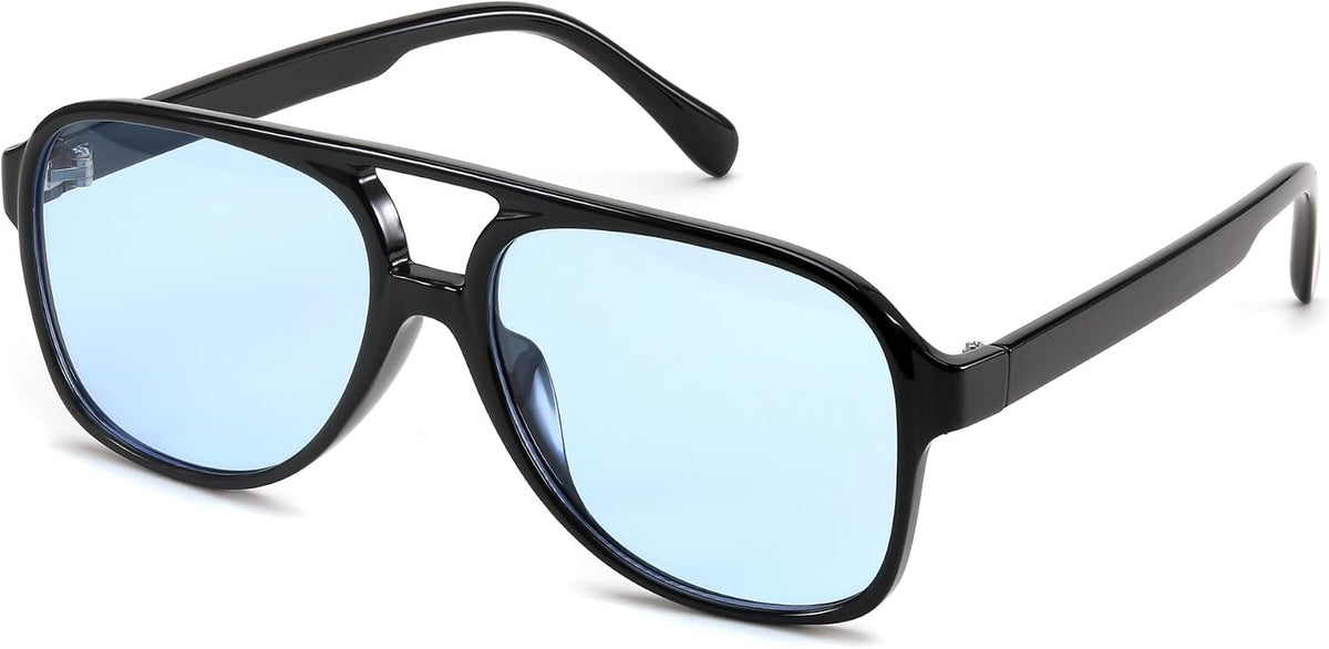 Black Frame - Blue Lens / 60 Millimeters | B0D6356RXX | FEISEDY Vintage Retro 70s Plastic Aviator Sunglasses Women Men Classic Large Squared Frame B2751