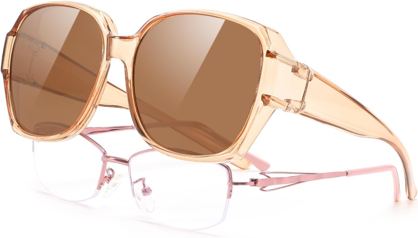 Transparent Tea Frame & Tea Lens / 59 Millimeters | B0CPJ8KFH7 | FEISEDY Fit Over Glasses Sunglasses Polarized for Women Sunglasses Over Prescription Glasses Oversized UV Protection B1114