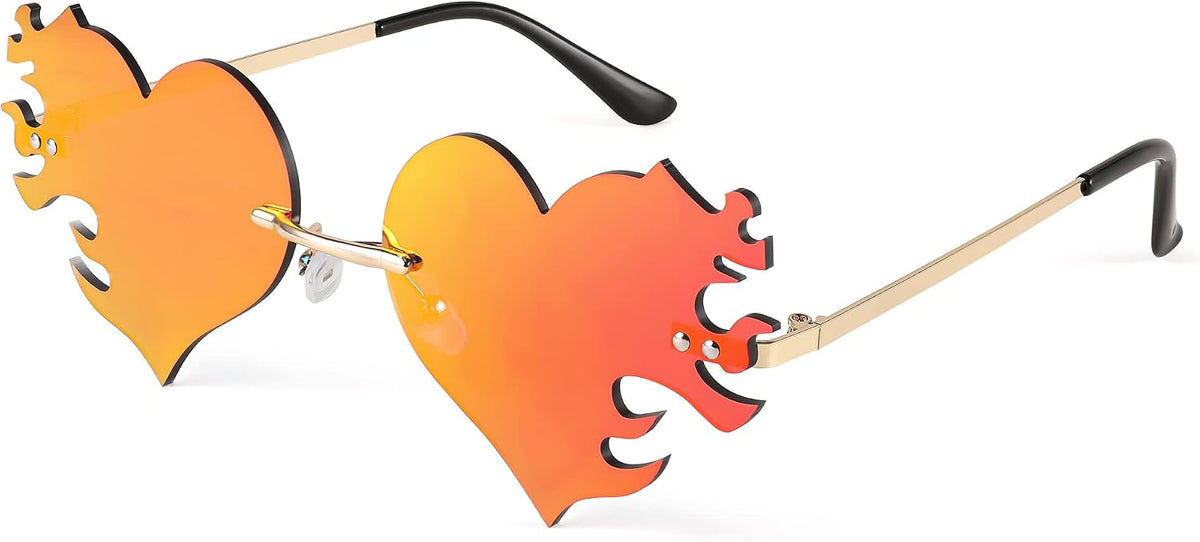 Red Mirrored Lens / 60 Millimeters | B0BM3CV67T | FEISEDY Melting Flame Heart Sunglasses For Women Men Trendy Rimless Fire Shaped Party Glasses B2366