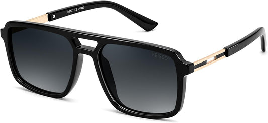Black/Gradient Grey / 56 Millimeters | B0GLNFSYQ5 | FEISEDY Retro Aviator Polarized Square Sunglasses for Men Women B0377