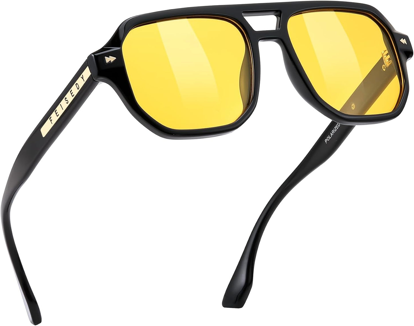 Black Frame & Yellow / 49 Millimeters | B0DSH16LL8 | FEISEDY Polarized Aviator Sunglasses Men Women, Retro 70s Style Design - UV400 Protection, Driving & Daily Wear B0203