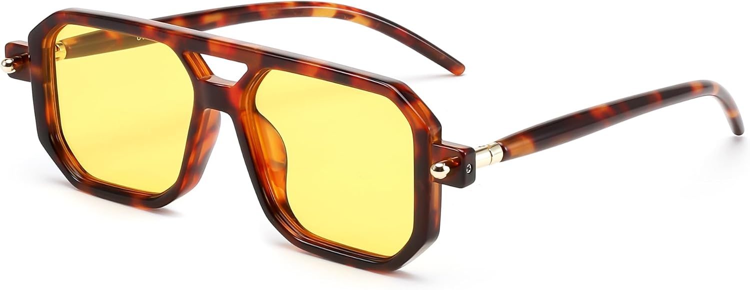 032 Leopard Frame & Yellow Lens / 52 Millimeters | B0DPCK3LCB | FEISEDY Vintage Square 70s Flat Aviator Sunglasses Women Men Classic Retro Stylish Frame UV400 Sunglasses B2622